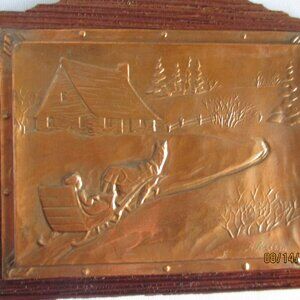 Vintage Fait Au Nadeau Copper Plaque/Winter Scene/Horse & Sleigh-#18